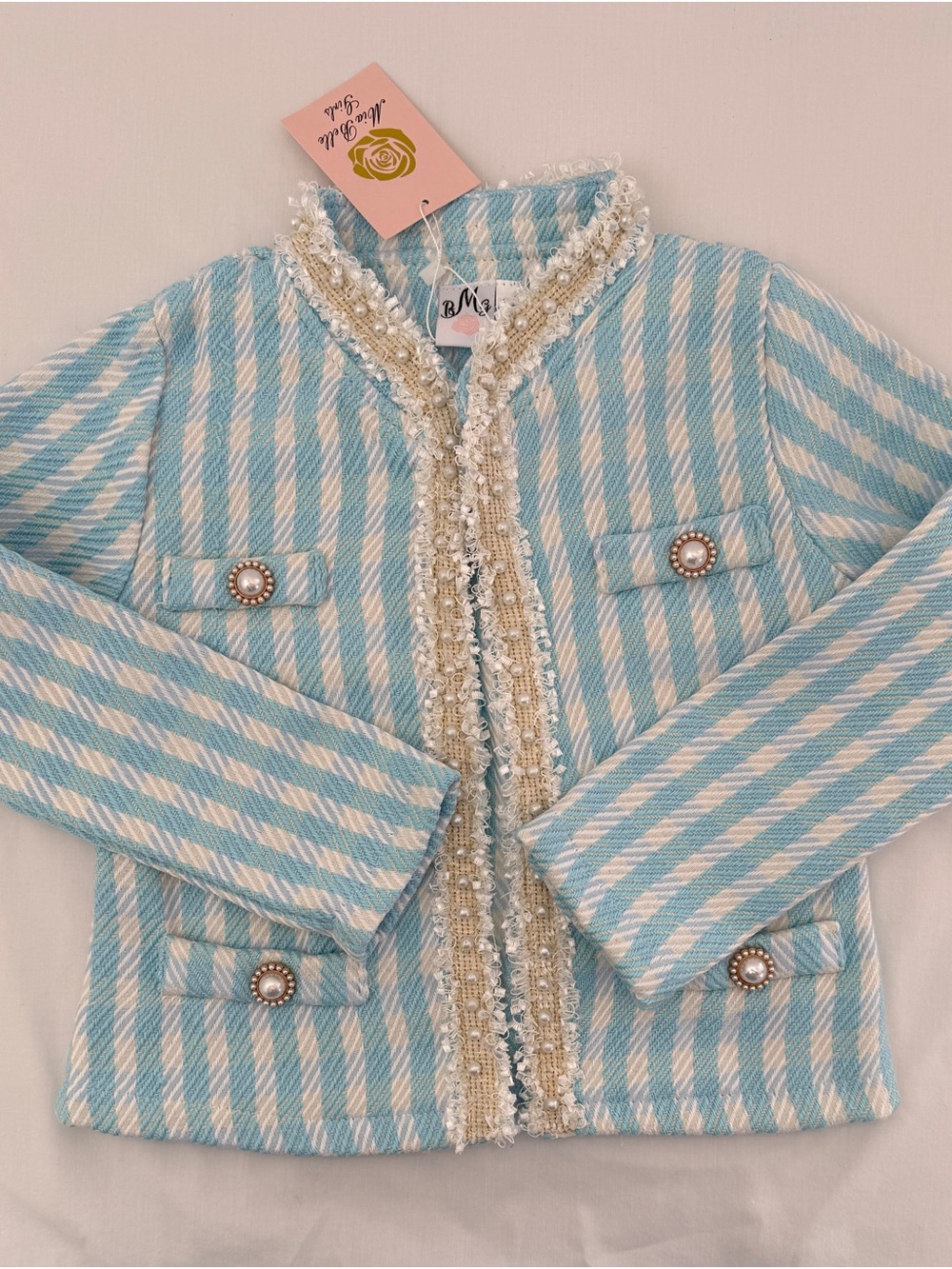 Girls Blue & White Striped Tweed Jacket with Pearl Buttons